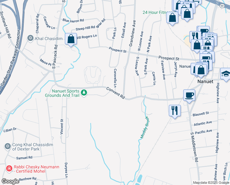 map of restaurants, bars, coffee shops, grocery stores, and more near 79 Convent Road in Nanuet
