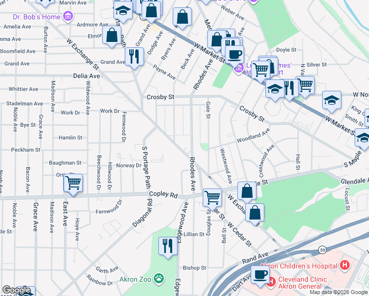 map of restaurants, bars, coffee shops, grocery stores, and more near 621 West Exchange Street in Akron