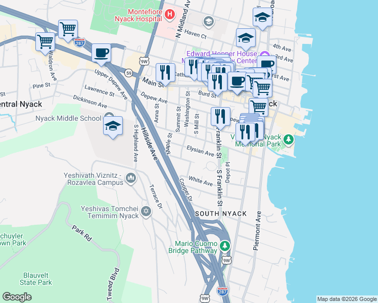 map of restaurants, bars, coffee shops, grocery stores, and more near 49 Elysian Avenue in Nyack