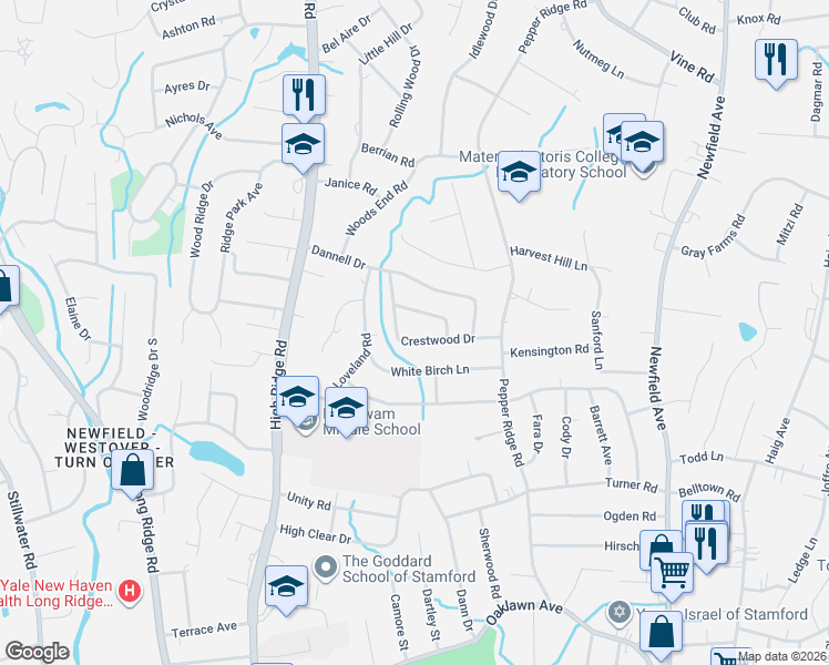 map of restaurants, bars, coffee shops, grocery stores, and more near 34 Hazelwood Lane in Stamford