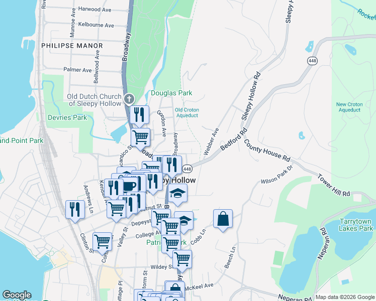 map of restaurants, bars, coffee shops, grocery stores, and more near 22 Maple Street in Sleepy Hollow