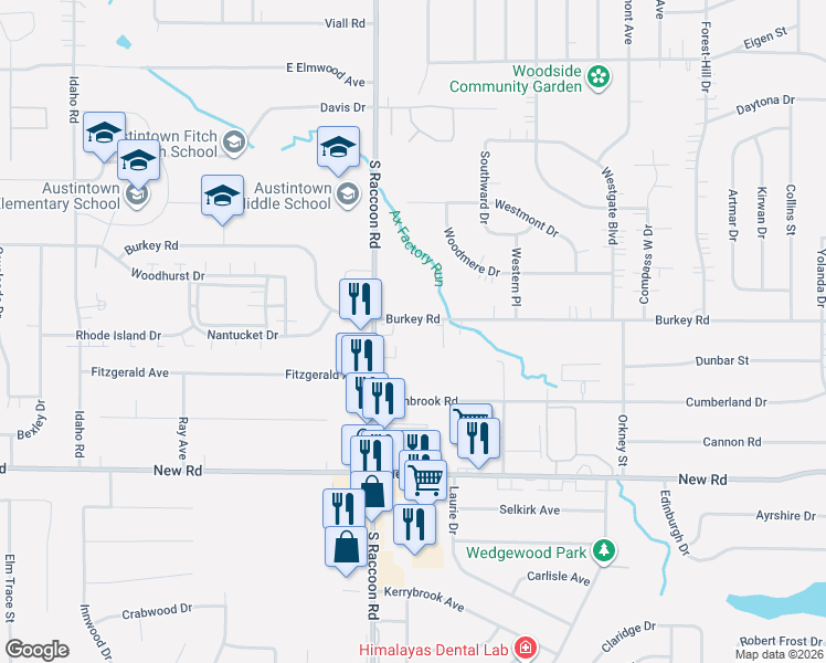map of restaurants, bars, coffee shops, grocery stores, and more near 4294 Burkey Road in Youngstown