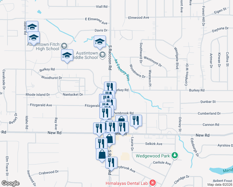 map of restaurants, bars, coffee shops, grocery stores, and more near 4294 Burkey Road in Youngstown