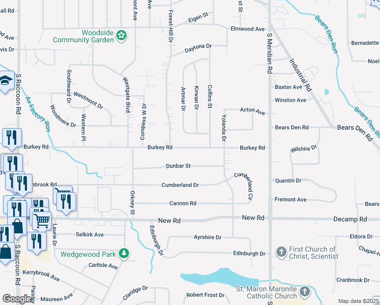 map of restaurants, bars, coffee shops, grocery stores, and more near 3859 Burkey Road in Youngstown