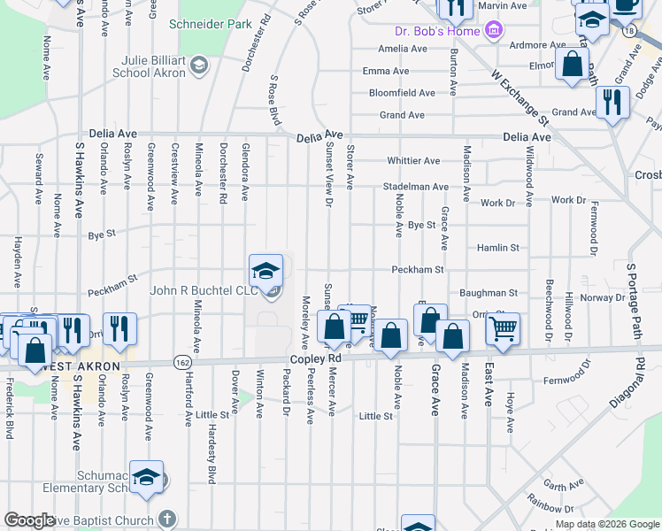 map of restaurants, bars, coffee shops, grocery stores, and more near 528 Storer Avenue in Akron
