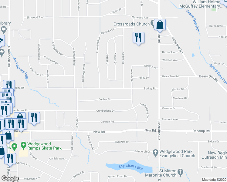 map of restaurants, bars, coffee shops, grocery stores, and more near 3851 Burkey Road in Youngstown