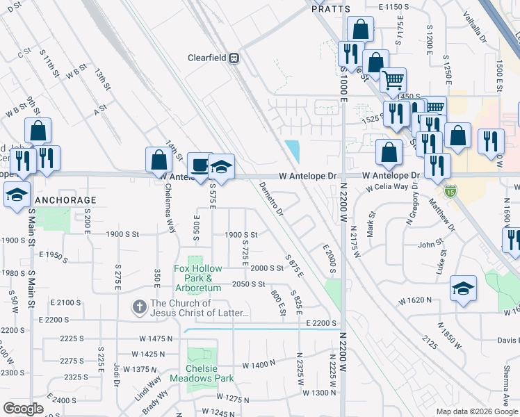 map of restaurants, bars, coffee shops, grocery stores, and more near 809 East 1800 South in Clearfield