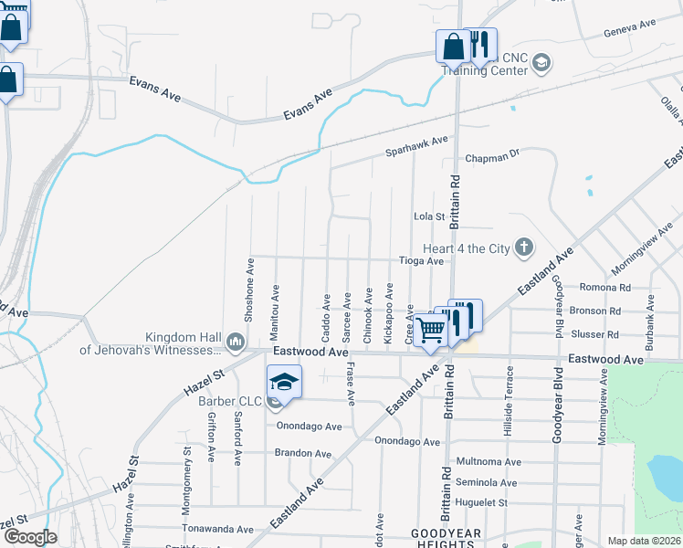 map of restaurants, bars, coffee shops, grocery stores, and more near 1284 Tioga Avenue in Akron