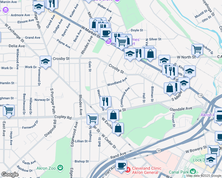 map of restaurants, bars, coffee shops, grocery stores, and more near 146 Oakdale Avenue in Akron