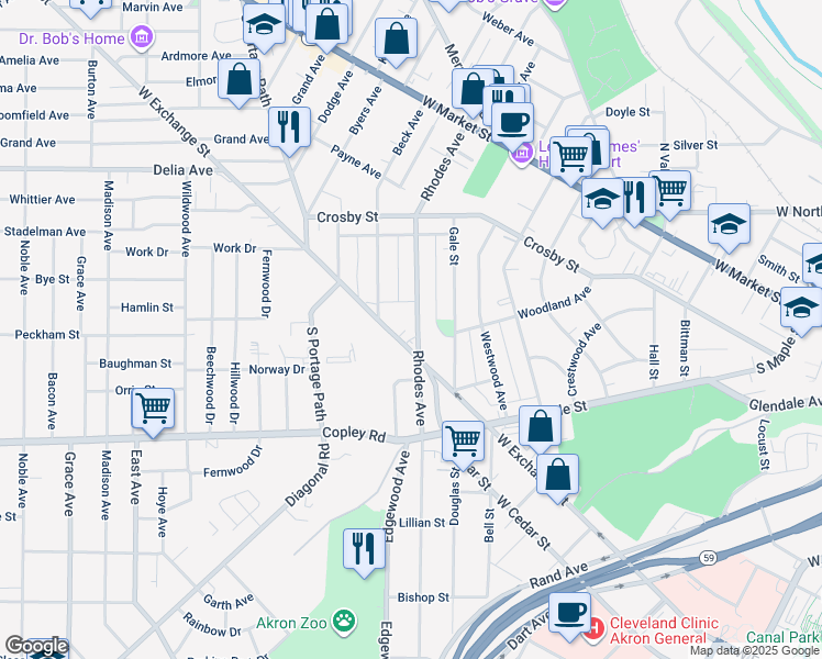 map of restaurants, bars, coffee shops, grocery stores, and more near 223 Rhodes Avenue in Akron
