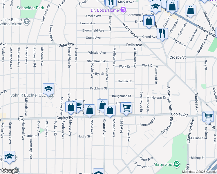 map of restaurants, bars, coffee shops, grocery stores, and more near 352 Grace Avenue in Akron