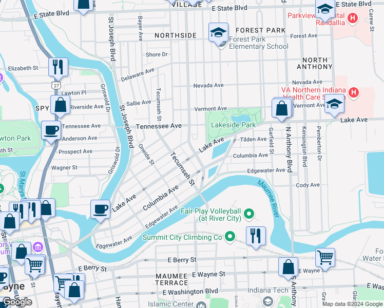 map of restaurants, bars, coffee shops, grocery stores, and more near 1115 Crescent Avenue in Fort Wayne
