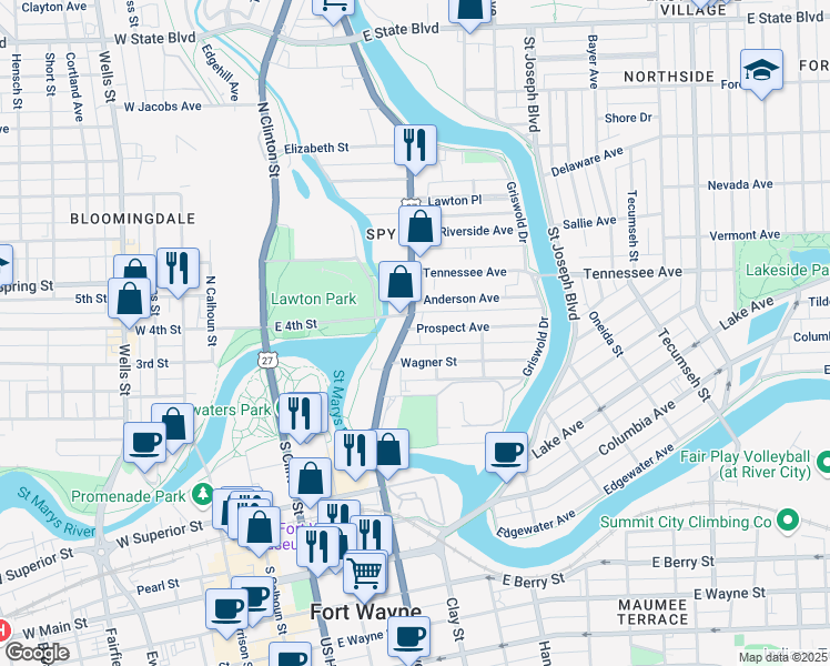 map of restaurants, bars, coffee shops, grocery stores, and more near 517 Prospect Avenue in Fort Wayne