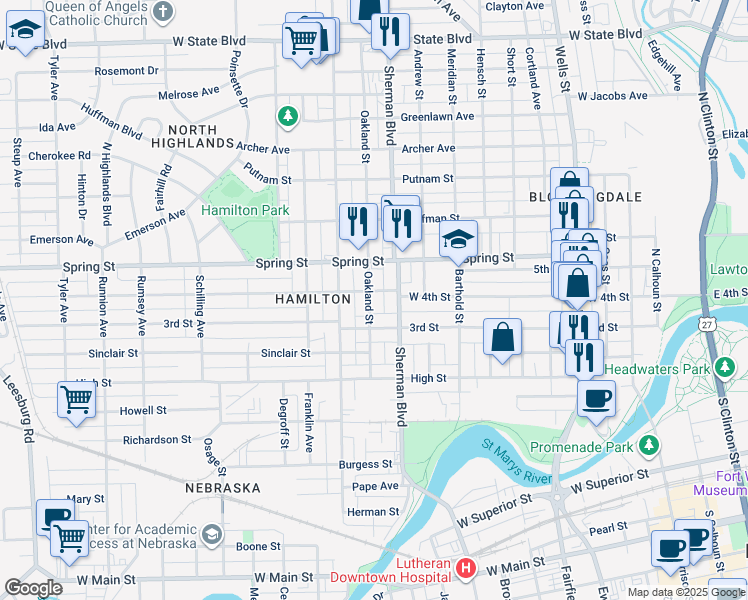 map of restaurants, bars, coffee shops, grocery stores, and more near 1010 West 4th Street in Fort Wayne