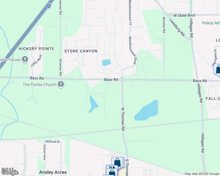 map of restaurants, bars, coffee shops, grocery stores, and more near 4809 Bass Road in Fort Wayne