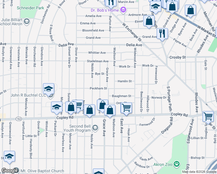 map of restaurants, bars, coffee shops, grocery stores, and more near 352 Grace Avenue in Akron
