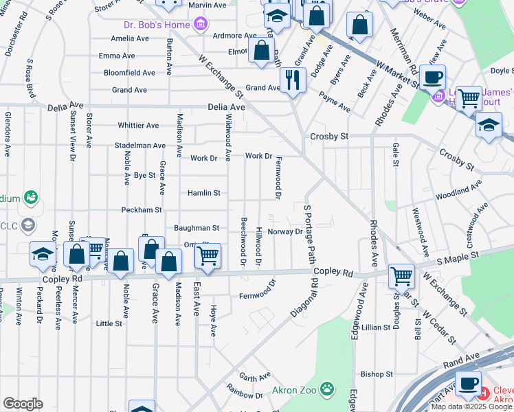 map of restaurants, bars, coffee shops, grocery stores, and more near 378 Hillwood Drive in Akron
