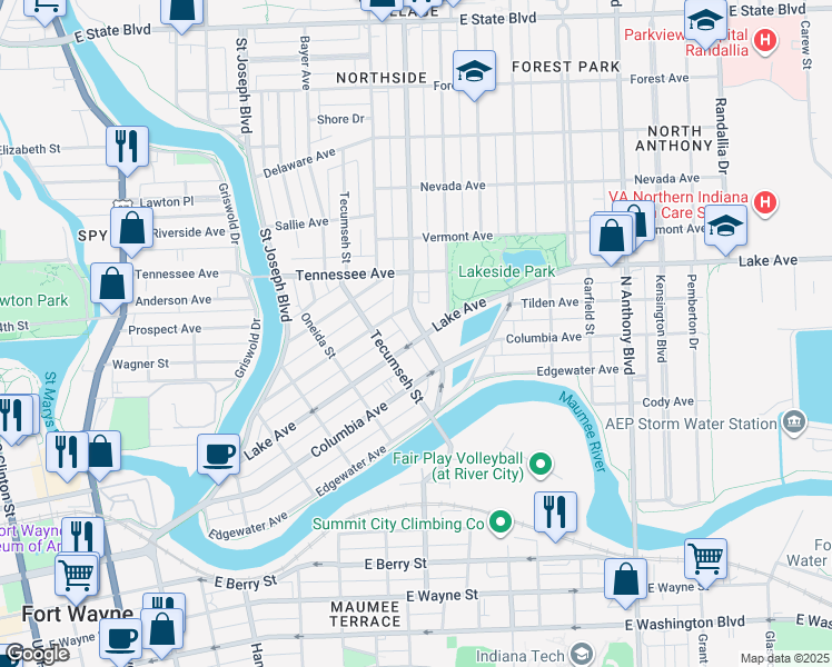 map of restaurants, bars, coffee shops, grocery stores, and more near 1115 Crescent Avenue in Fort Wayne
