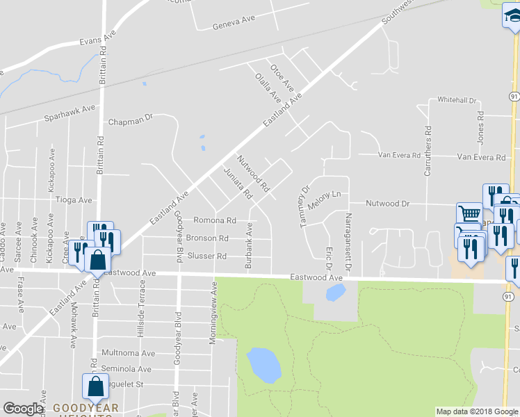 map of restaurants, bars, coffee shops, grocery stores, and more near 1683 Juniata Road in Akron
