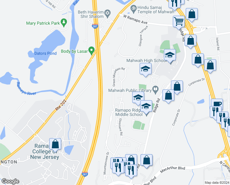 map of restaurants, bars, coffee shops, grocery stores, and more near 394 Green Mountain Road in Mahwah