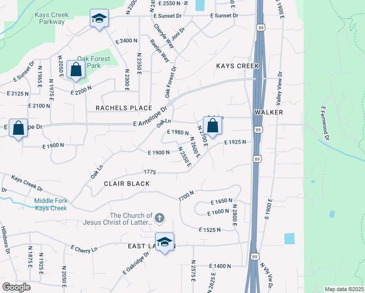 map of restaurants, bars, coffee shops, grocery stores, and more near 1920 North 2550 East in Layton