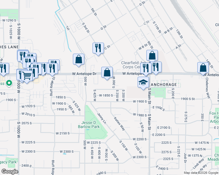 map of restaurants, bars, coffee shops, grocery stores, and more near 325 Antelope Drive in Layton