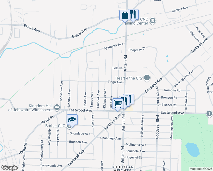 map of restaurants, bars, coffee shops, grocery stores, and more near 1364 Tioga Avenue in Akron