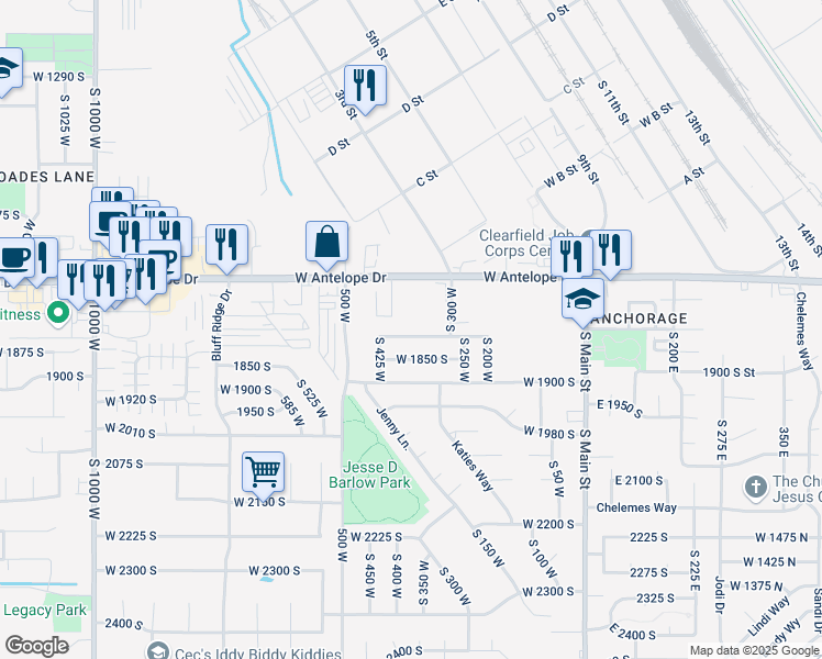 map of restaurants, bars, coffee shops, grocery stores, and more near 362 West 1800 South in Clearfield