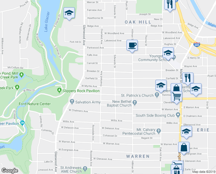 map of restaurants, bars, coffee shops, grocery stores, and more near 424 West Myrtle Avenue in Youngstown