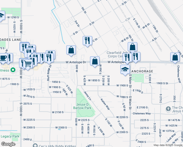 map of restaurants, bars, coffee shops, grocery stores, and more near 362 West 1800 South in Clearfield