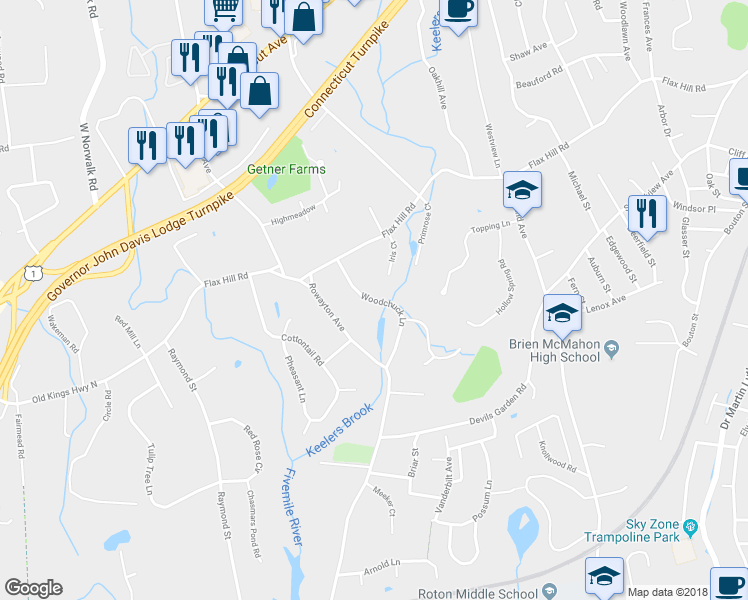 map of restaurants, bars, coffee shops, grocery stores, and more near 15 Woodchuck Lane in Norwalk