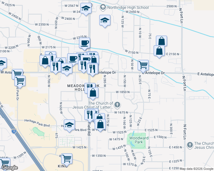 map of restaurants, bars, coffee shops, grocery stores, and more near 260 West 1925 North in Layton