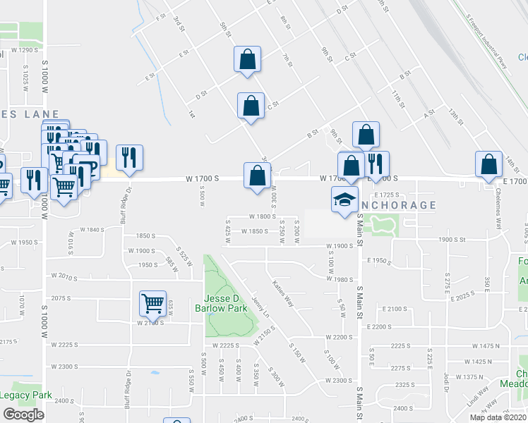 map of restaurants, bars, coffee shops, grocery stores, and more near 325 Antelope Drive in Layton