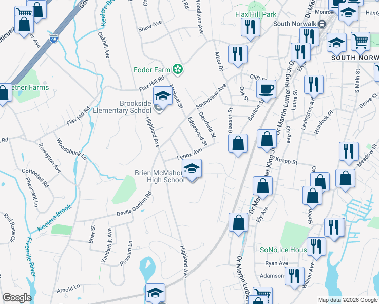 map of restaurants, bars, coffee shops, grocery stores, and more near 7 Fern Street in Norwalk