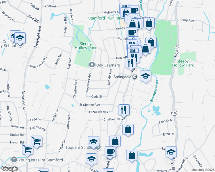 map of restaurants, bars, coffee shops, grocery stores, and more near 12 Crestview Avenue in Stamford