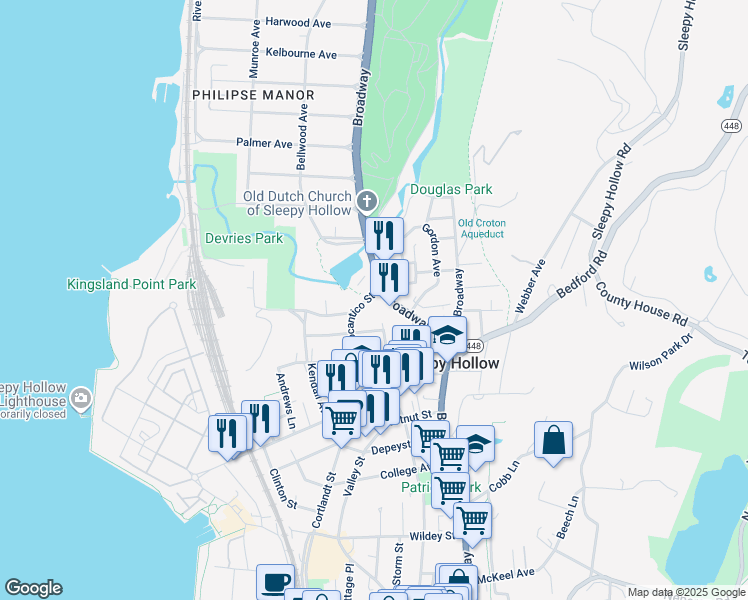 map of restaurants, bars, coffee shops, grocery stores, and more near 377 North Broadway in Sleepy Hollow