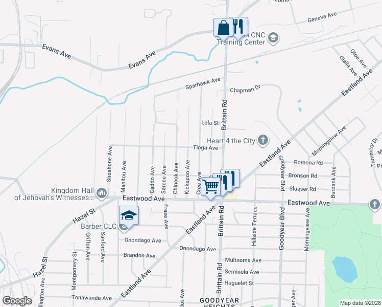 map of restaurants, bars, coffee shops, grocery stores, and more near 1364 Tioga Avenue in Akron