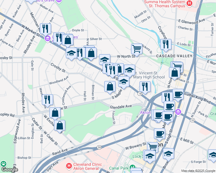 map of restaurants, bars, coffee shops, grocery stores, and more near 249 Crosby Street in Akron