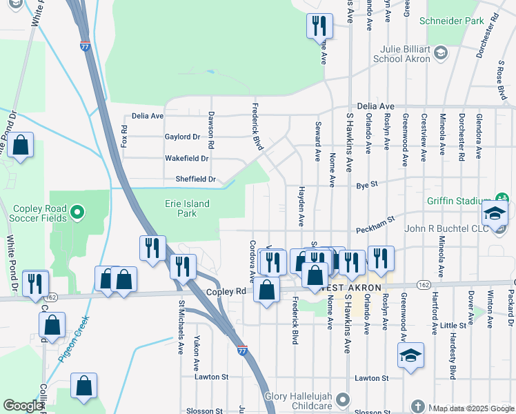 map of restaurants, bars, coffee shops, grocery stores, and more near 788 Valdes Avenue in Akron