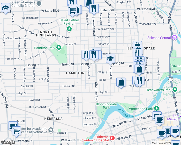 map of restaurants, bars, coffee shops, grocery stores, and more near 1010 West 4th Street in Fort Wayne