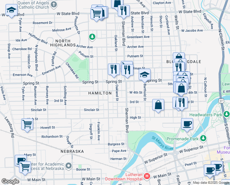 map of restaurants, bars, coffee shops, grocery stores, and more near 1010 West 4th Street in Fort Wayne