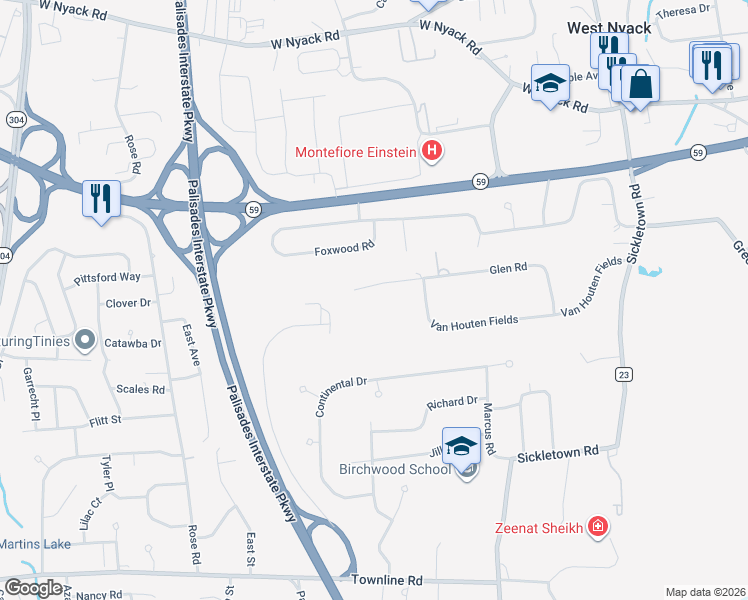 map of restaurants, bars, coffee shops, grocery stores, and more near 135 Van Houten Fields in West Nyack