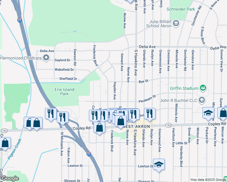 map of restaurants, bars, coffee shops, grocery stores, and more near 796 Hayden Avenue in Akron