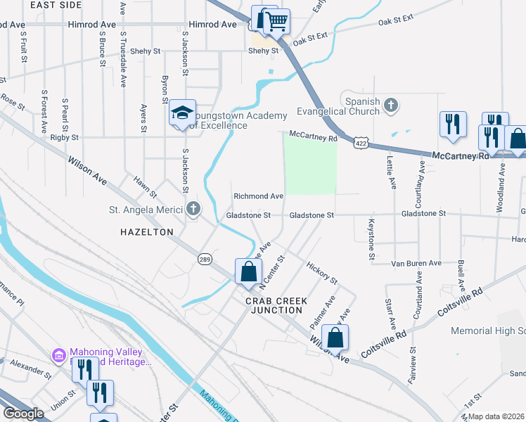 map of restaurants, bars, coffee shops, grocery stores, and more near 1716 Gladstone Street in Youngstown