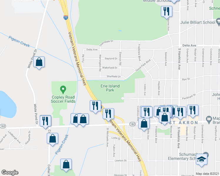map of restaurants, bars, coffee shops, grocery stores, and more near 1532 Peckham Street in Akron