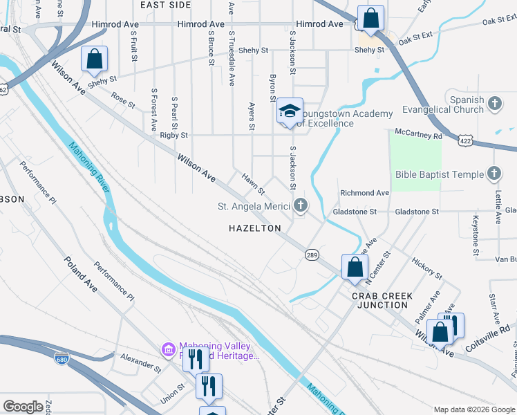 map of restaurants, bars, coffee shops, grocery stores, and more near 1366 Wilson Avenue in Youngstown