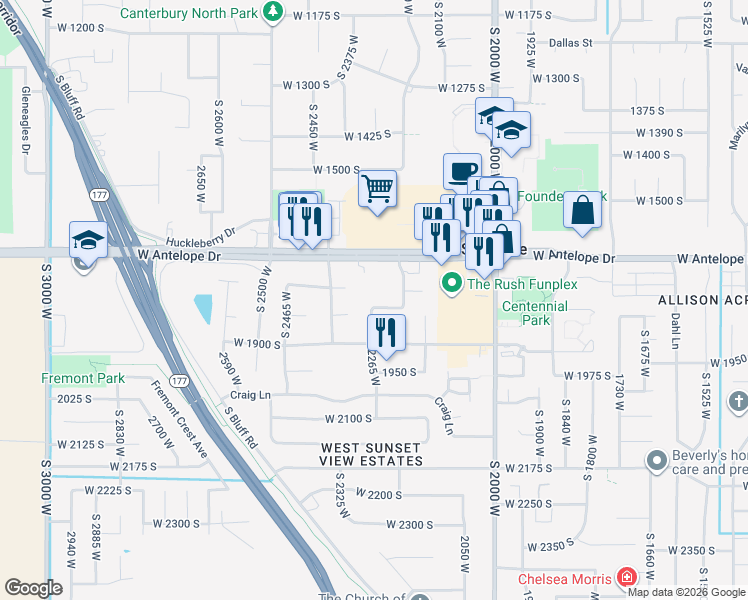 map of restaurants, bars, coffee shops, grocery stores, and more near 2264 1825 South in Syracuse