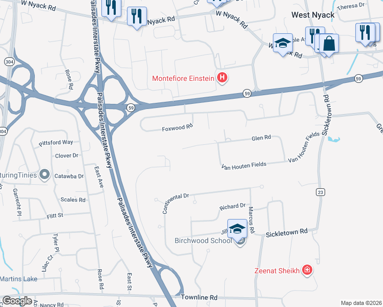 map of restaurants, bars, coffee shops, grocery stores, and more near 135 Van Houten Fields in West Nyack