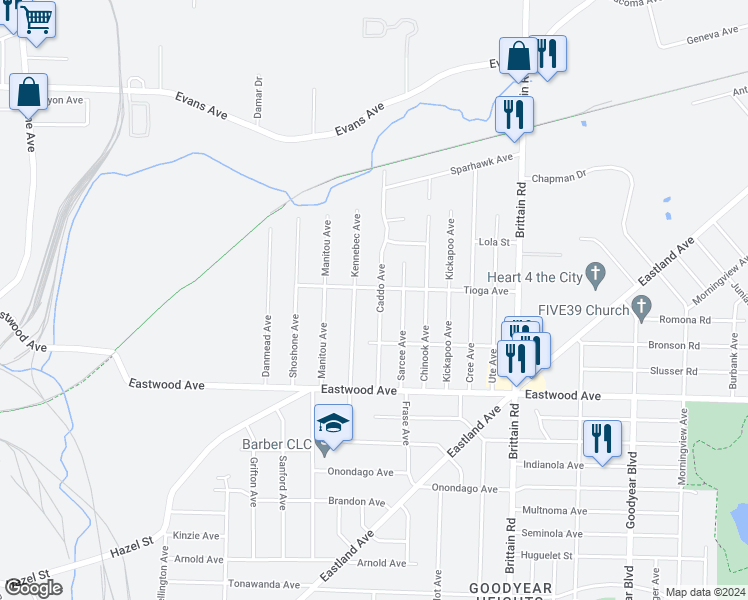 map of restaurants, bars, coffee shops, grocery stores, and more near 848 Caddo Avenue in Akron