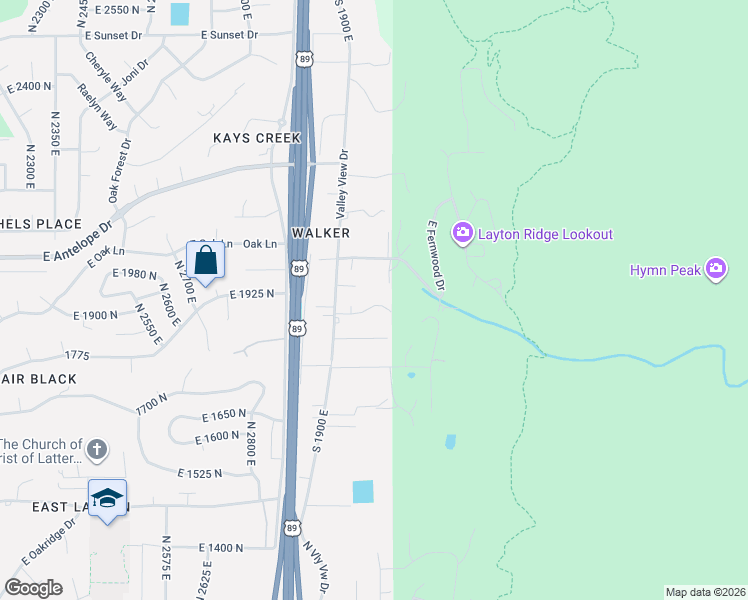 map of restaurants, bars, coffee shops, grocery stores, and more near 3100 East 1850 North in Layton